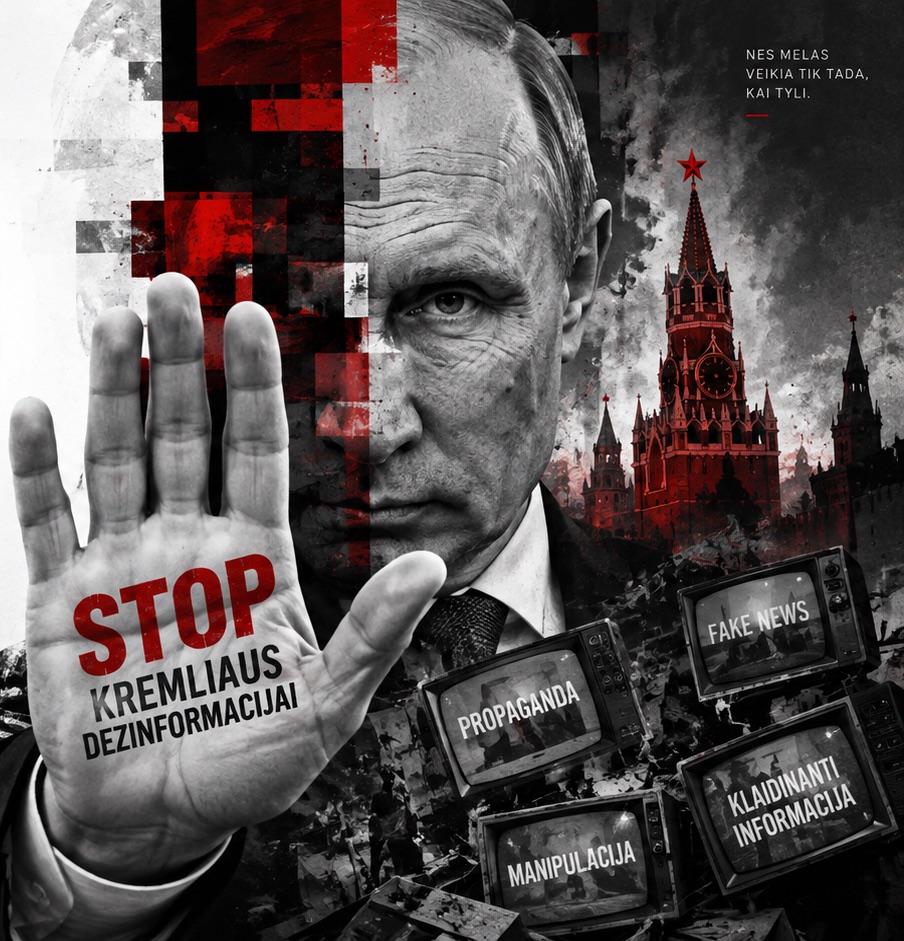 Iškelta ranka su užrašu „Stop Kremliaus dezinformacijai“, už jos – Kremlius ir seni televizoriai su užrašais „propaganda“, „fake news“, „manipuliacija“.